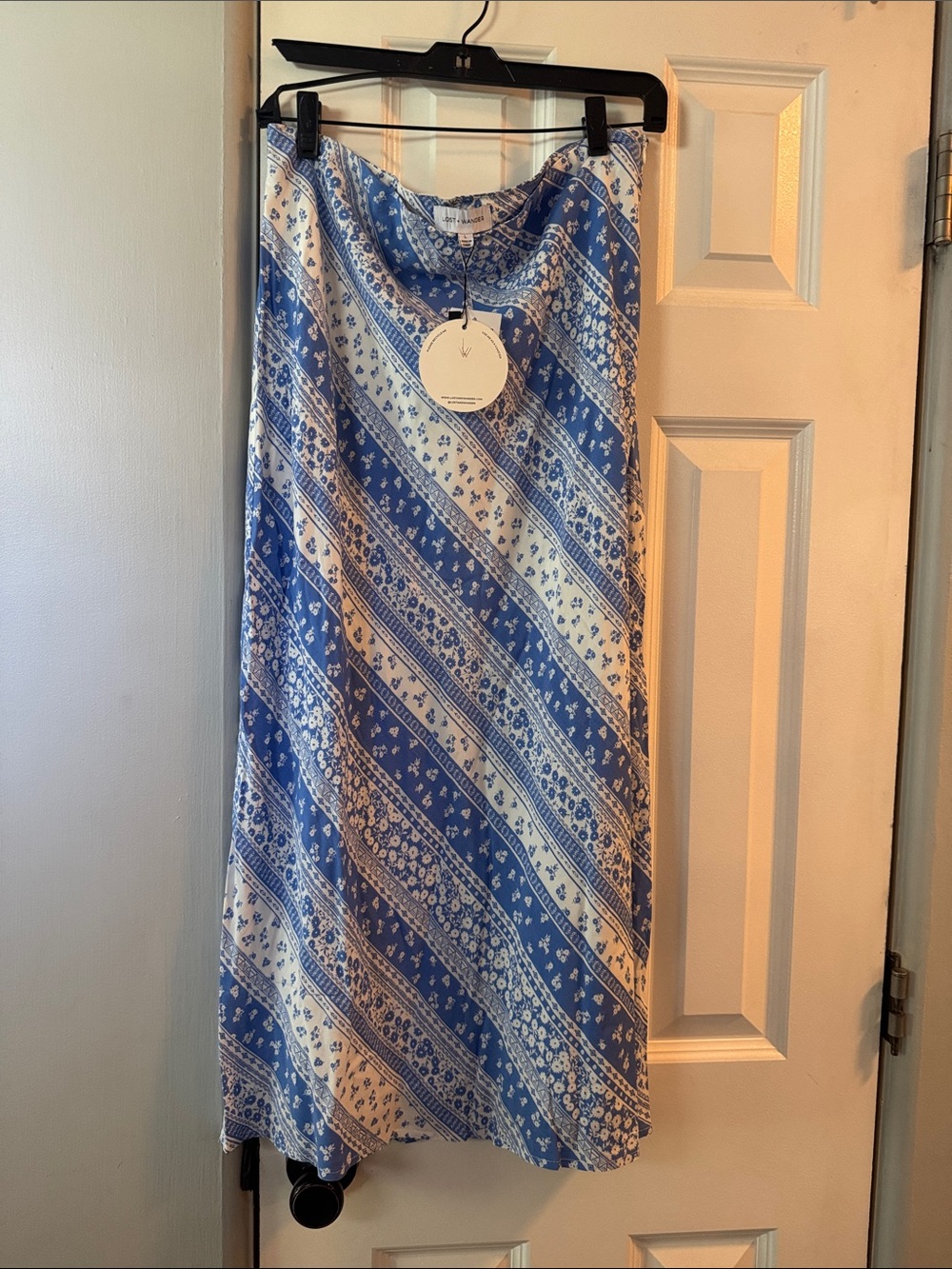 Lost + Wander Blue and White Diagonal Print Maxi Skirt